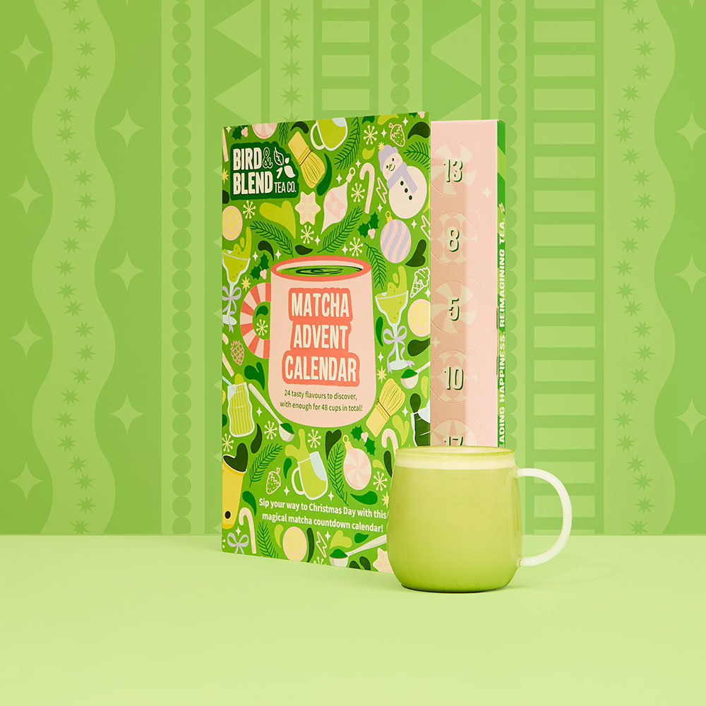 matcha advent calendar half open with hot matcha latte
