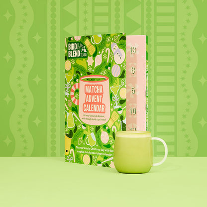 matcha advent calendar half open with hot matcha latte