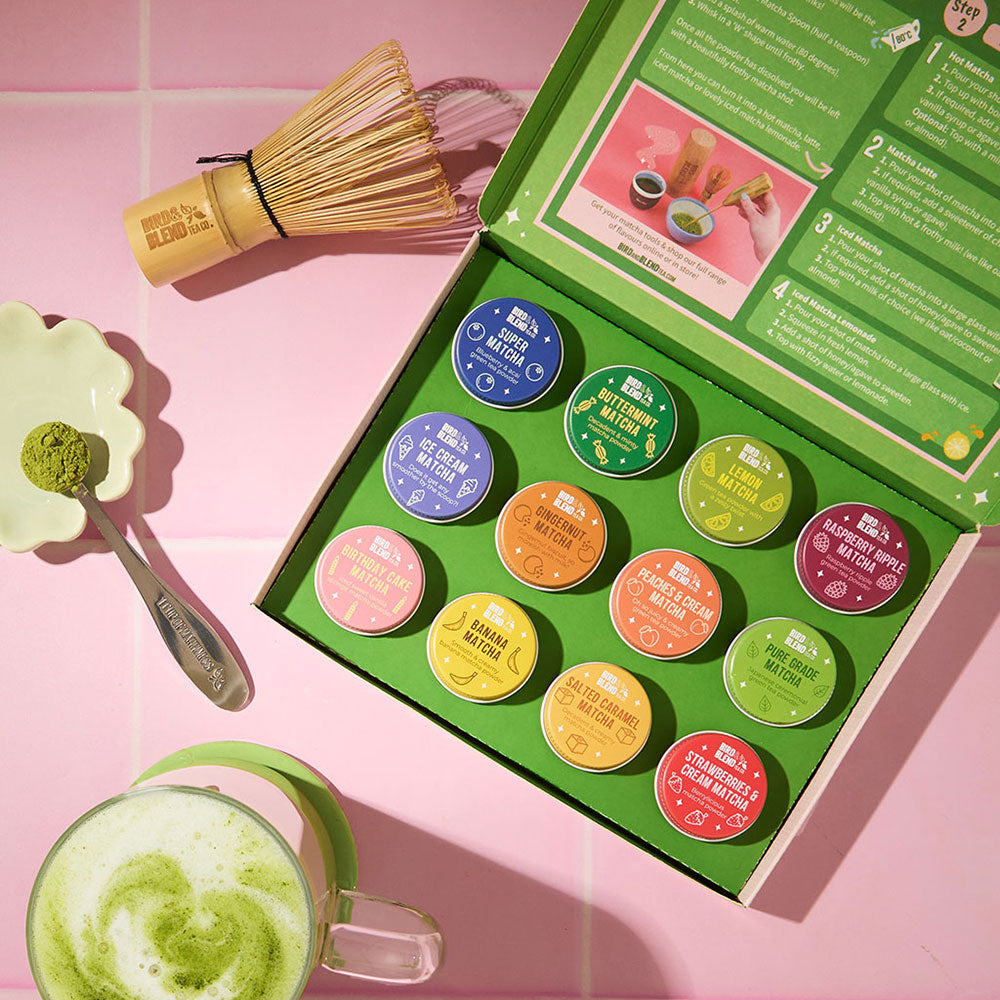 Matcha tea selection box with bamboo matcha whisk & matcha tea spoon & matcha tea latte