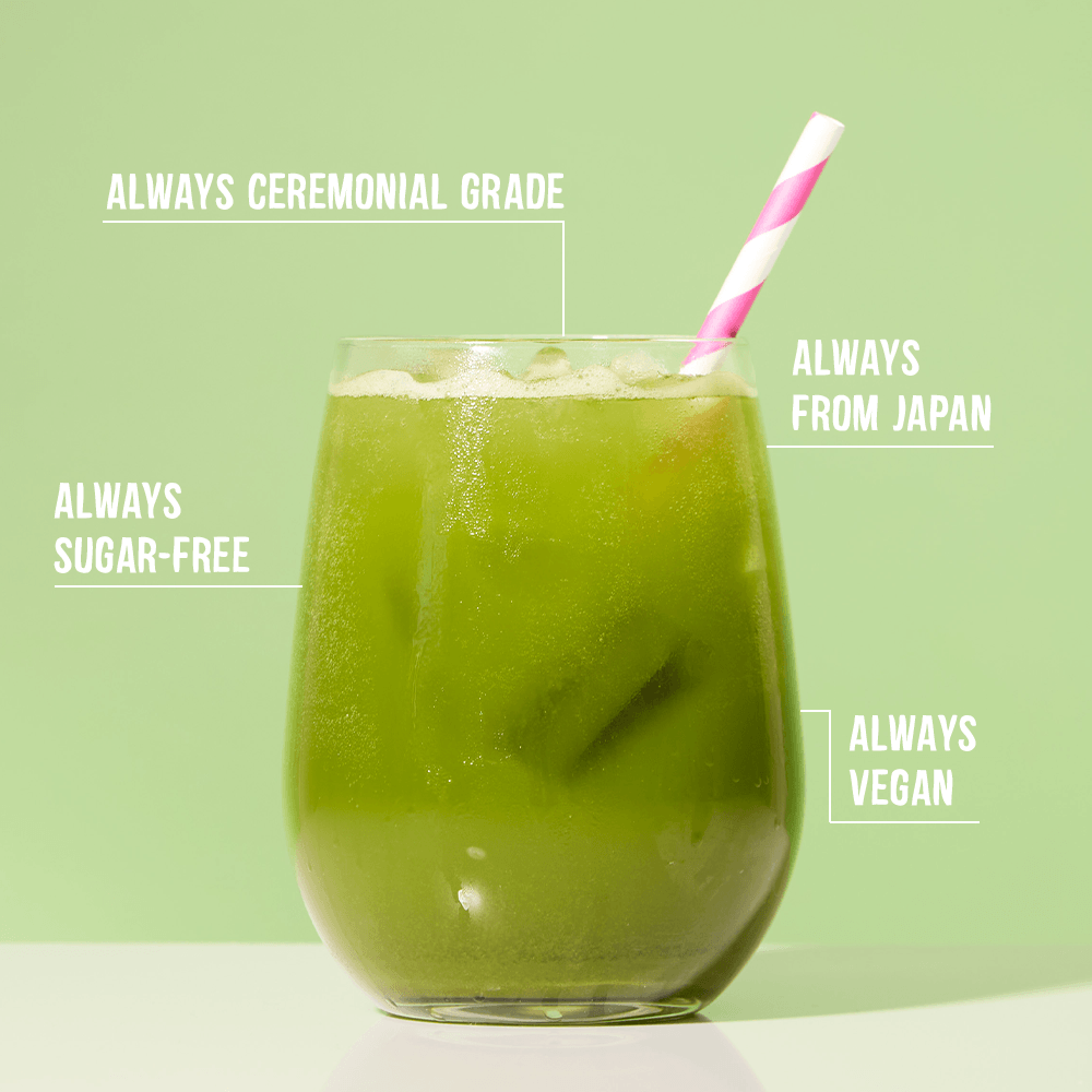 Iced Vanilla ice cream matcha soda with pinka nd white straw and matcha promises stating always ceremonial grade &amp; from japan &amp; vegan &amp; sugar free