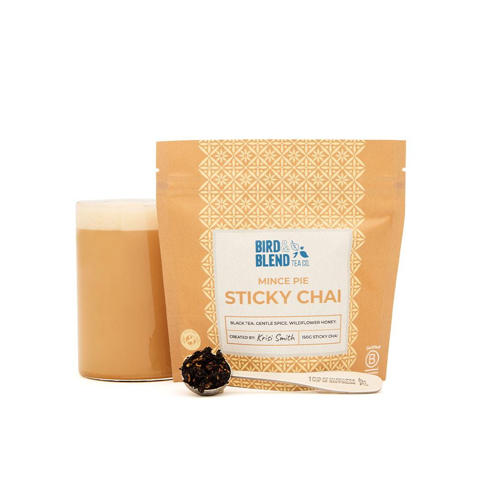 mince pie sticky chai pouch with hot tea and perfect tea spoon