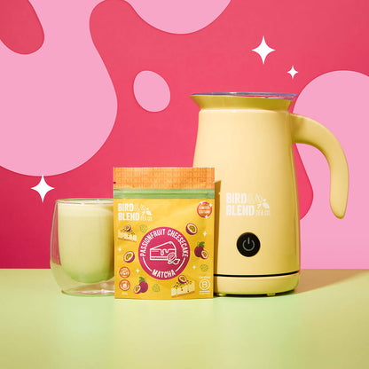 passionfruit cheese matcha latte with matcha latte magic whisk