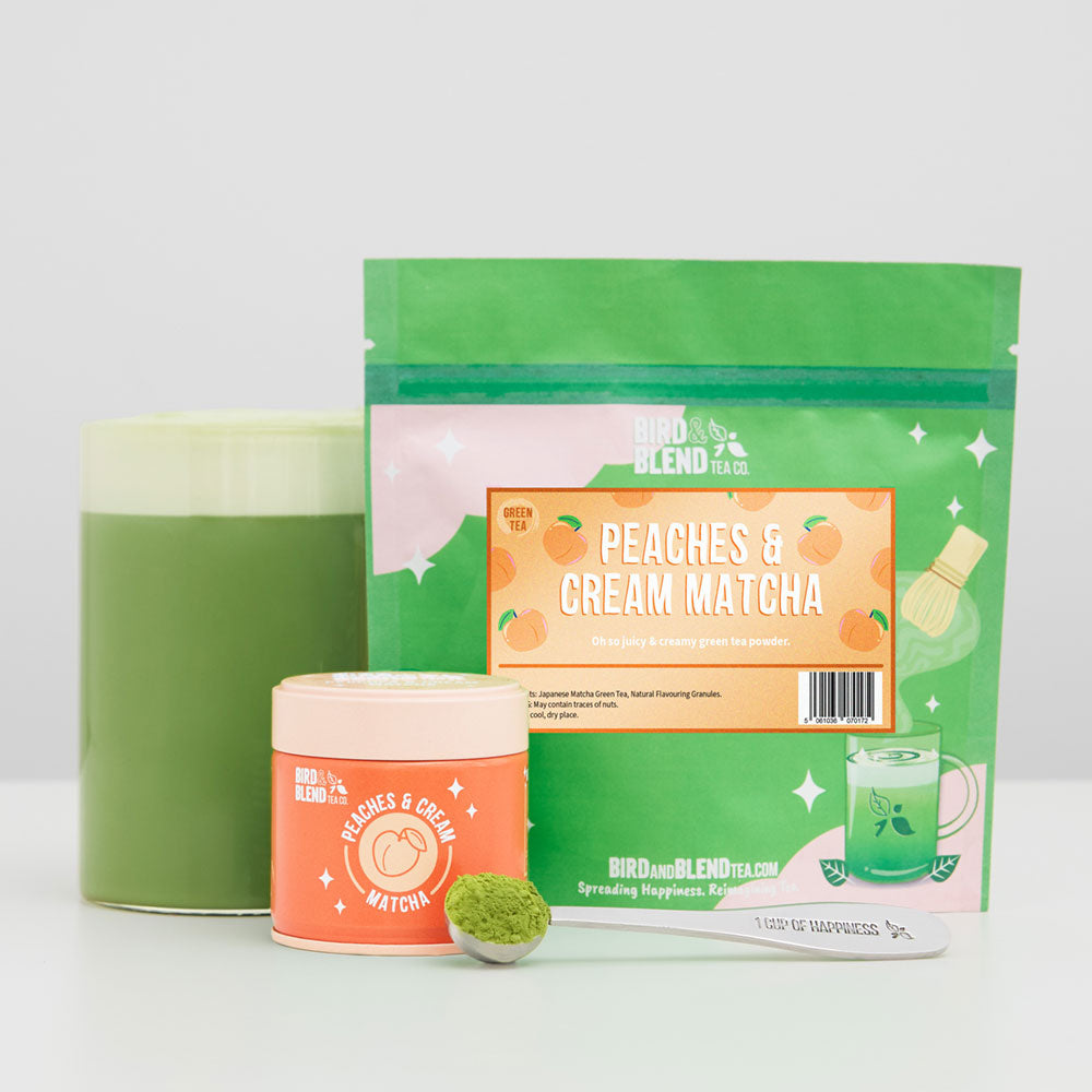 peaches and cream matcha tin with pouch