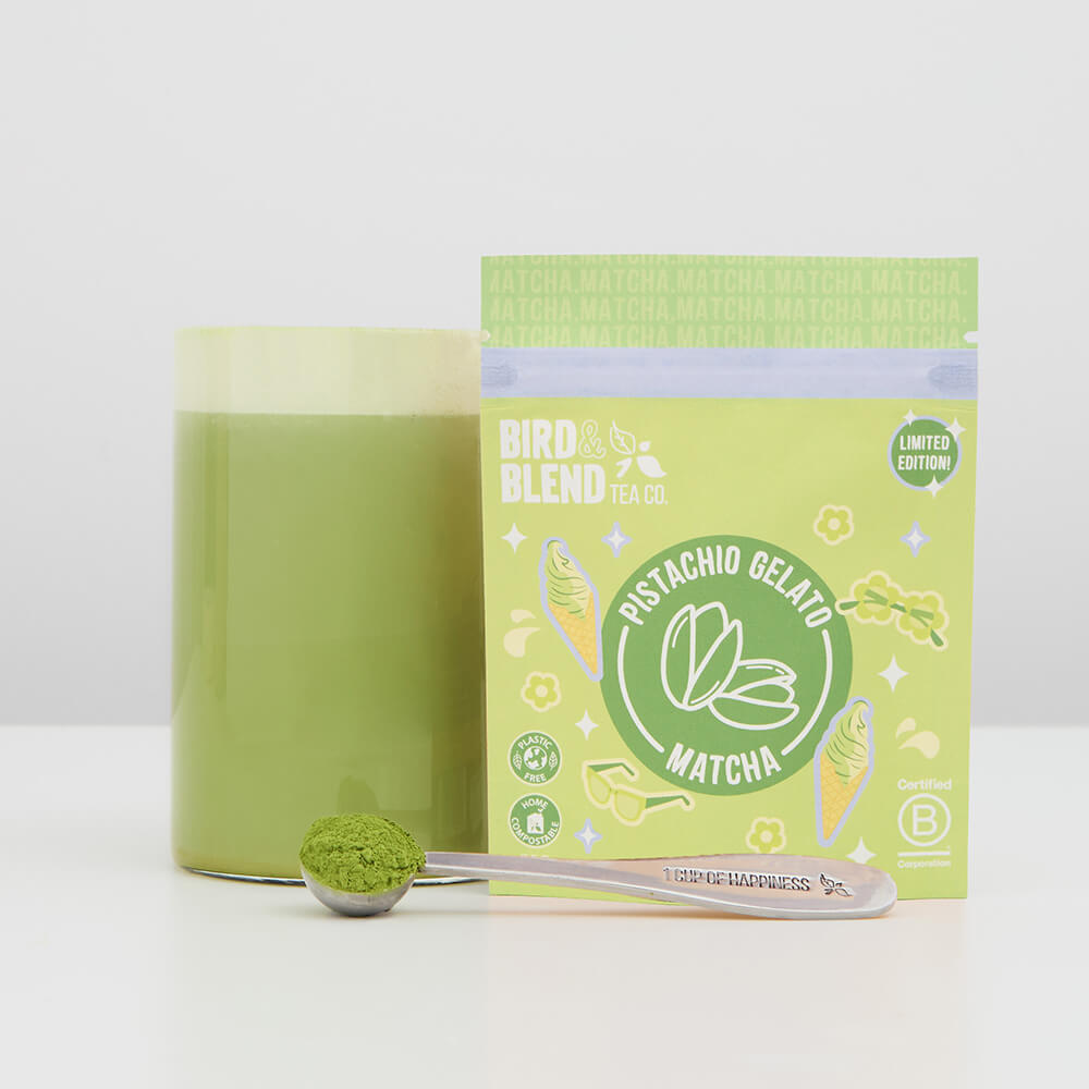  pistachio gelato matcha tea powder and spoon and hot matcha latte 