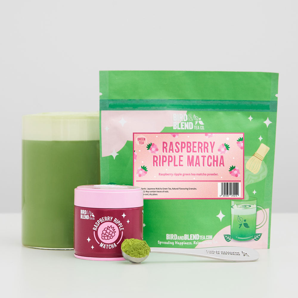 raspberry ripple matcha pouch with tin