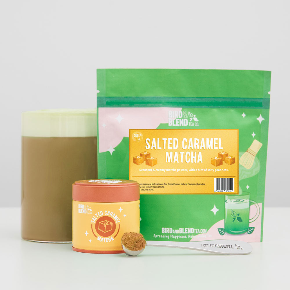 salted caramel matcha hot matcha with tin
