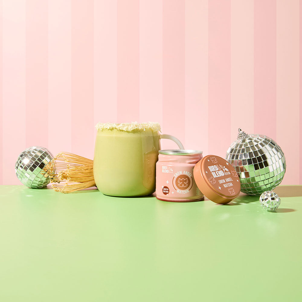 snow Angel matcha tin and drink and hot matcha latte