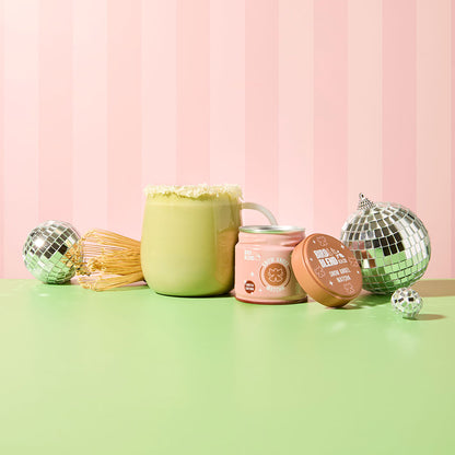 snow Angel matcha tin and drink and hot matcha latte