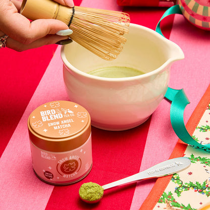 snow Angel matcha tin and traditional bamboo whisk and matcha bowl and perfect matcha spoon