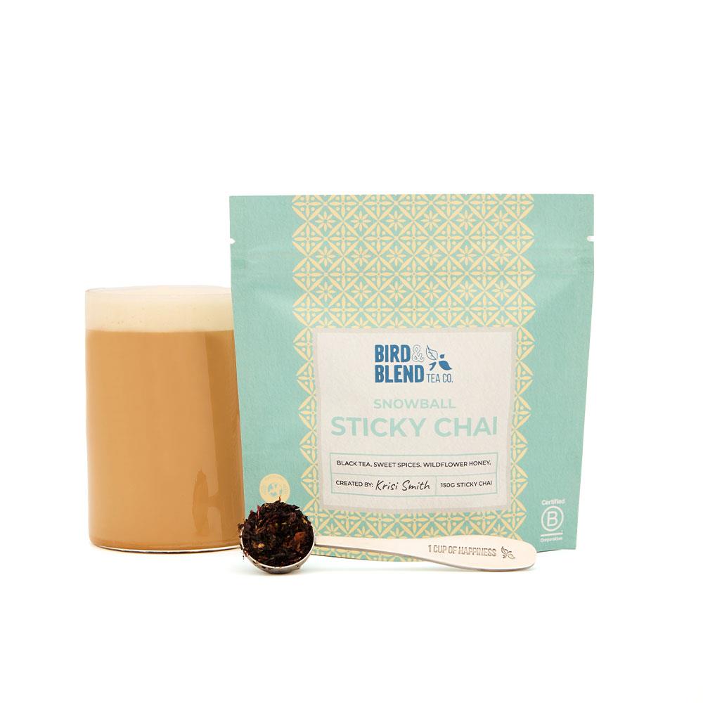 snowball sticky chai pouch with hot tea and perfect tea spoon