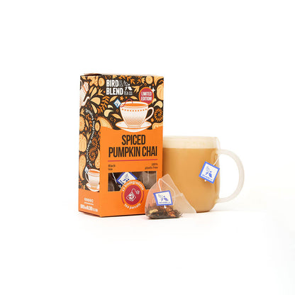 spiced pumpkin chai tea bag gift pack &amp; hot chai latte with tea bag inside