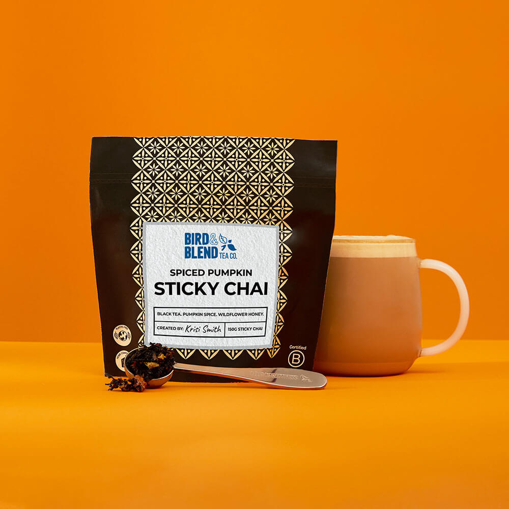 spiced pumpkin sticky chai &amp; spoon filled with sticky chai &amp; hot sticky chai latte