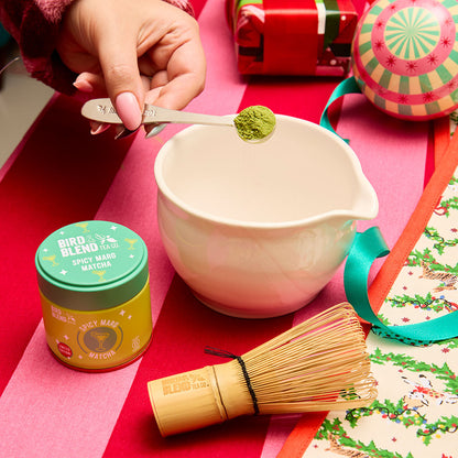 spicy marg matcha and matcha bowl and traditional bamboo whisk