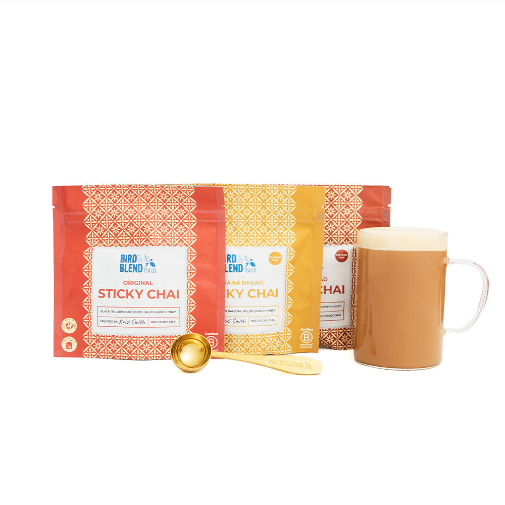 sticky chai trio pouches with hot tea and golden perfect tea spoon
