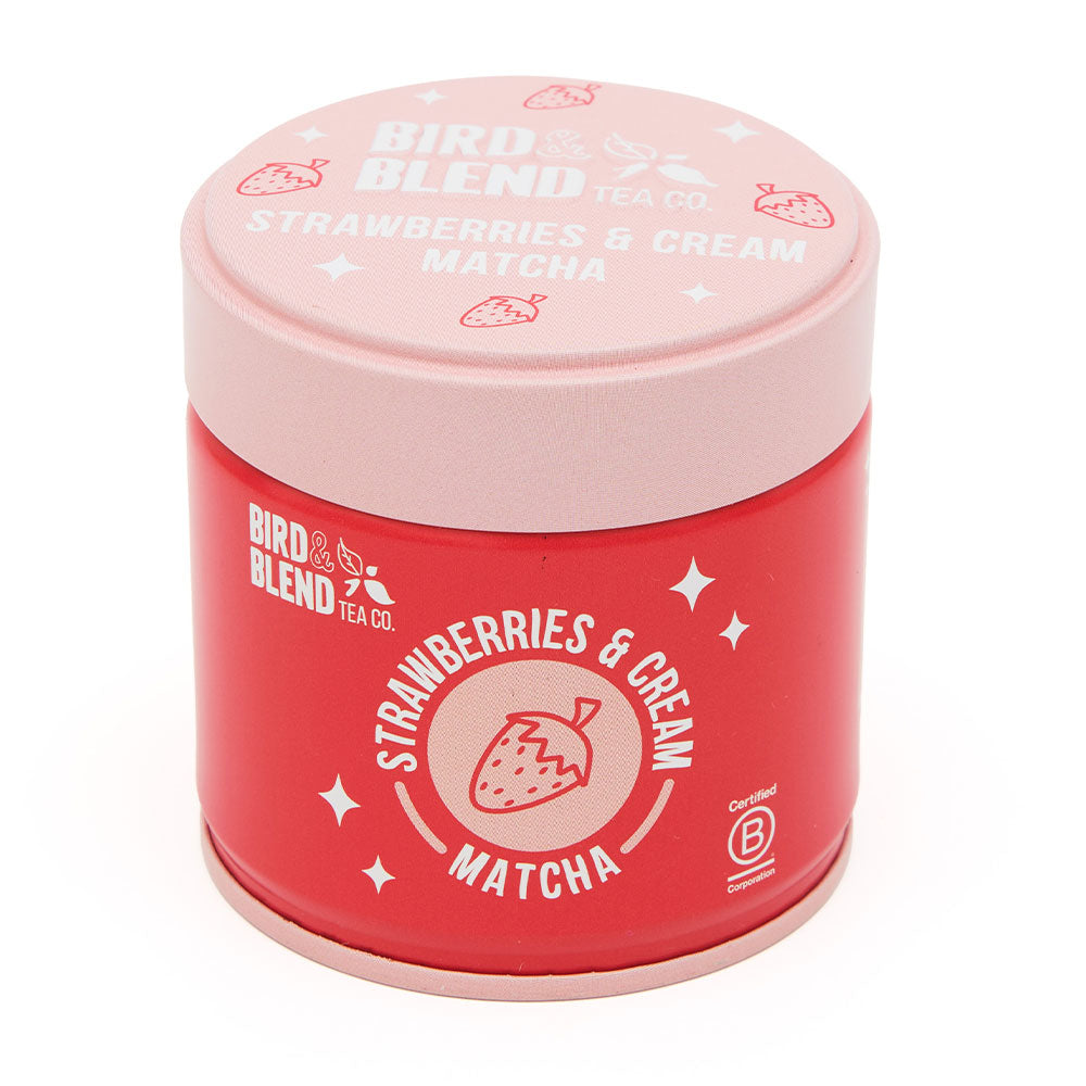 strawberries & cream matcha tin zoomed