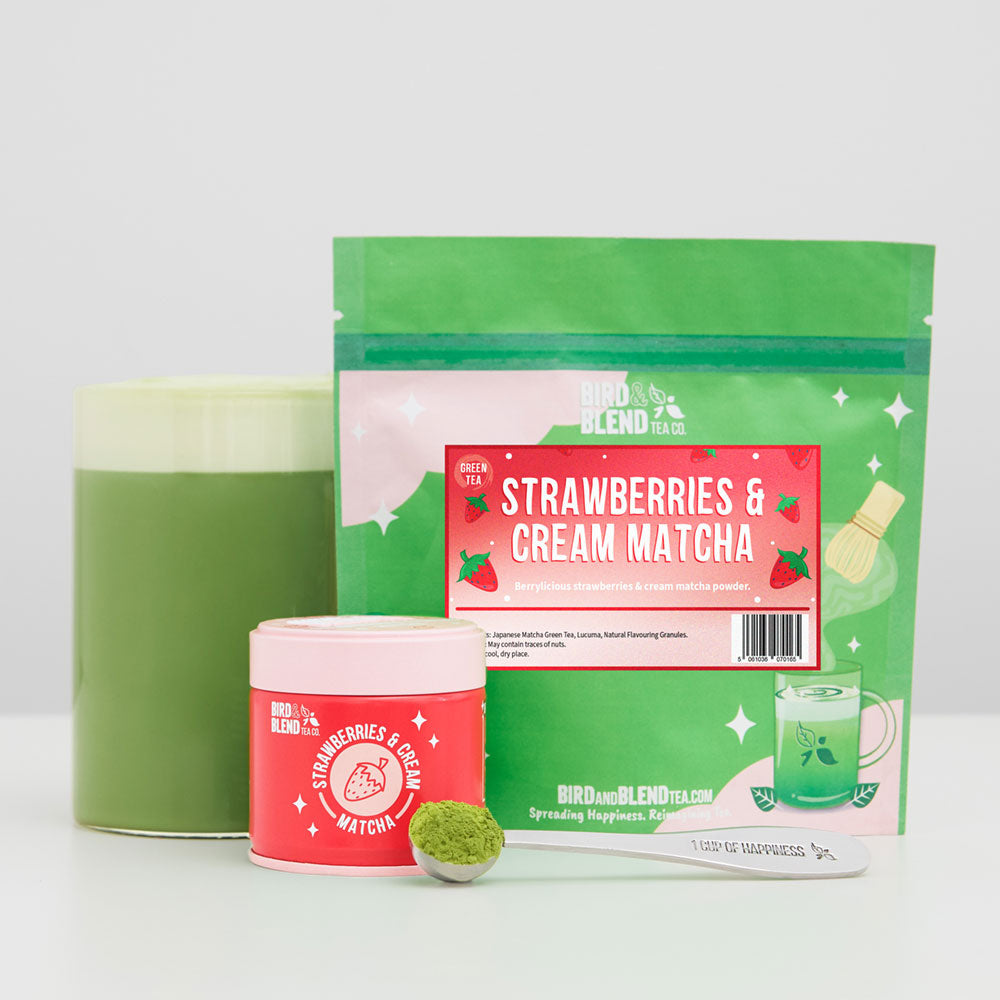 strawberries &amp; cream matcha hot matcha with tin