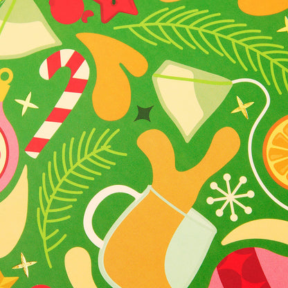 tea advent calendar close up on tea bag &amp; mugs spilling tea graphics 
