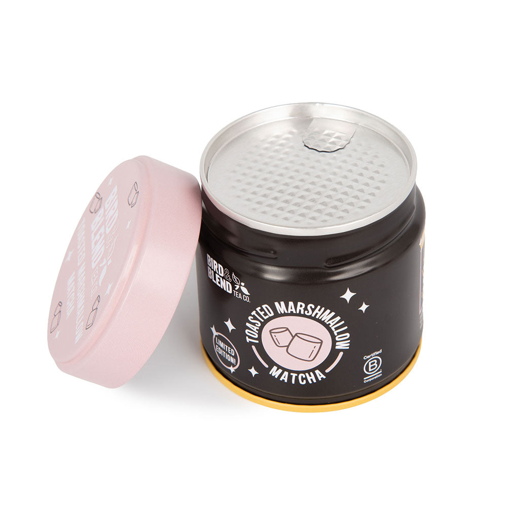 toasted marshmallow matcha tin open