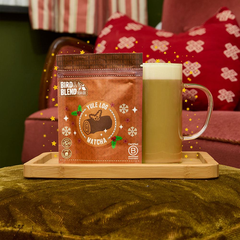 yule log matcha pouch hot matcha